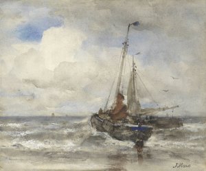 Twee vissersschepen bij het strand by Jacob Maris Oil Painting