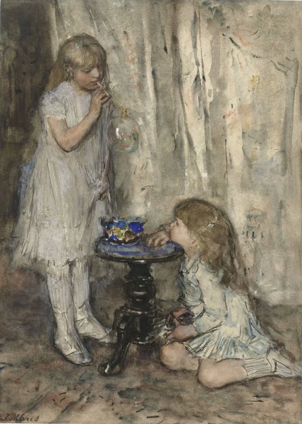 Main Product Photo of Two Girls Blowing Bubbles  Painting by Jacob Maris