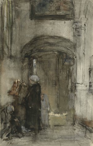 Vissersvrouw met haar dochtertje als 'bruidje'steekt een kerkkaars aan by Jacob Maris Oil Painting