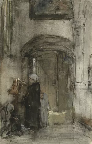 Vissersvrouw met haar dochtertje als 'bruidje'steekt een kerkkaars aan by Jacob Maris Oil Painting