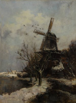 Windmill by a Stream in Winter Oil painting by Jacob Maris