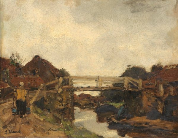 Wooden Bridge across a Canal at Rijswijk  by Jacob Maris - Hand-Painted Oil Painting Reproduction