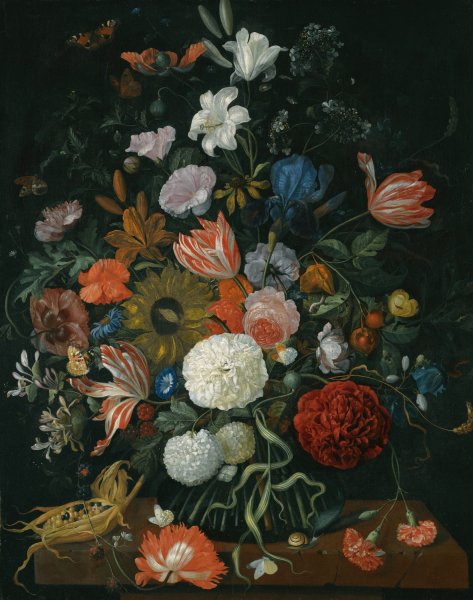 Still Life Of Flowers In A Vase On A Stone Ledge With A Corn Cob And A Snail by Jacob Rootius - Hand-Painted Oil Painting Reproduction
