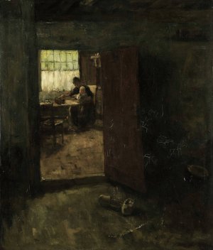 Domestic Interior with Country Woman and Child by Jacob Simon Hendrik Kever Oil Painting