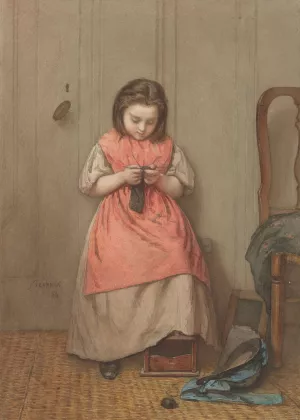 Interieur met breiend meisje by Jacob Taanman Oil Painting
