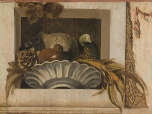 Still Life with a Bowl of Corn, Artichokes, Grapes and a Parrot by Jacob Van Campen Oil Painting