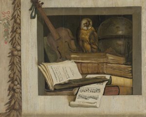 Still Life with Books, Sheet Music, Violin, Celestial Globe and an Owl by Jacob Van Campen Oil Painting