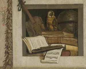 Still Life with Books, Sheet Music, Violin, Celestial Globe and an Owl by Jacob Van Campen Oil Painting