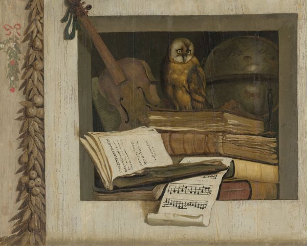 Still Life with Books, Sheet Music, Violin, Celestial Globe and an Owl  by Jacob Van Campen - Hand-Painted Oil Painting Reproduction