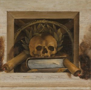 Vanitas Still Life with Scull with Laurel Wreath, Book and two Burning Candles by Jacob Van Campen Oil Painting