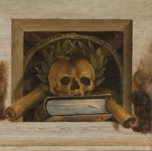 Vanitas Still Life with Scull with Laurel Wreath, Book and two Burning Candles by Jacob Van Campen Oil Painting