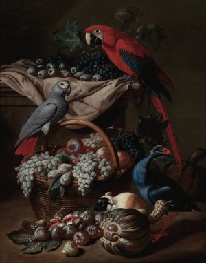 Still Life With Two Parrots, A Guinea Pig, A Basket Of Fruit And Fowl by Jacob Van De Kerckhoven Oil Painting