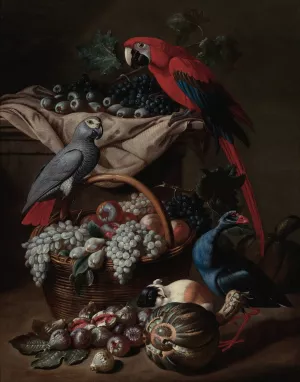 Still Life With Two Parrots, A Guinea Pig, A Basket Of Fruit And Fowl by Jacob Van De Kerckhoven Oil Painting