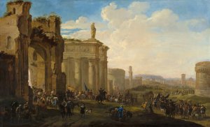 Army Advancing among Roman Ruins by Jacob Van Der Ulft Oil Painting
