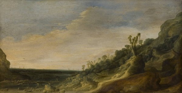 Main Product Photo of Mountain Scenery with a View of a River and the Sea  Painting by Jacob Van Geel