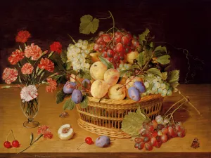A Still Life Of A Vase Of Carnations To The Left Of A Basket Of Fruit Oil painting by Jacob Van Hulsdonck