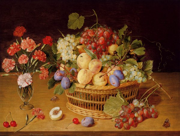 Main Product Photo of A Still Life Of A Vase Of Carnations To The Left Of A Basket Of Fruit Painting by Jacob Van Hulsdonck
