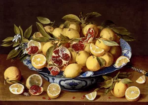A Still Life Of A Wanli Kraak Porcelain Bowl Of Citrus Fruit And Pomegranates On A Wooden Table