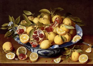 A Still Life Of A Wanli Kraak Porcelain Bowl Of Citrus Fruit And Pomegranates On A Wooden Table Oil painting by Jacob Van Hulsdonck