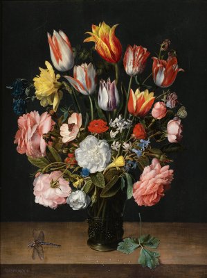 A Still Life Of Tulips, Roses, Bluebells, Daffodils, A Peony And Other Flowers In A Glass Roemer On A Wooden Ledge With A Dragonfly by Jacob Van Hulsdonck Oil Painting