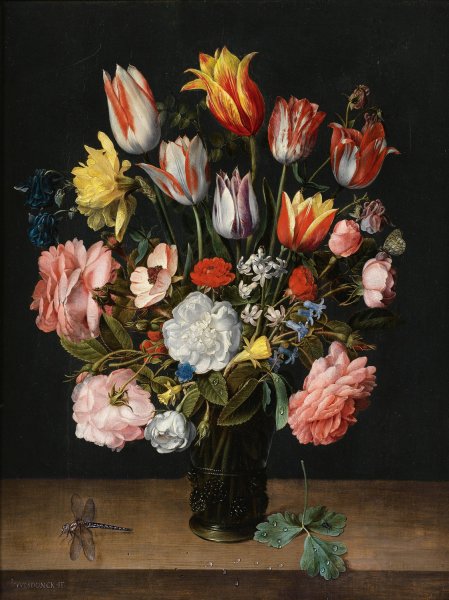 Main Product Photo of A Still Life Of Tulips, Roses, Bluebells, Daffodils, A Peony And Other Flowers In A Glass Roemer On A Wooden Ledge With A Dragonfly Painting by Jacob Van Hulsdonck