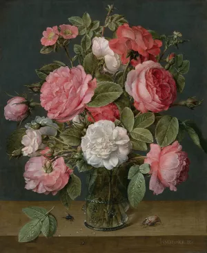 Roses in a Glass Vase by Jacob Van Hulsdonck Oil Painting