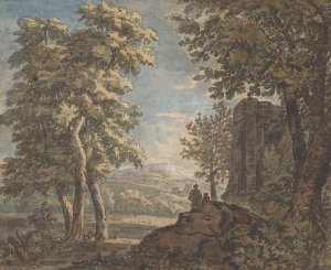Arcadisch landschap met antiek bouwval en twee mannen by Jacob Van Liender Oil Painting