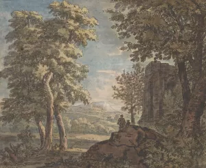 Arcadisch landschap met antiek bouwval en twee mannen Oil painting by Jacob Van Liender