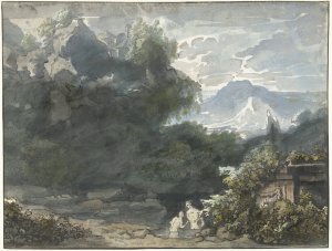 Baders bij antiek monument in bergachtig landschap by Jacob Van Liender Oil Painting