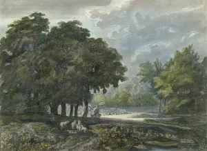 Herders met kudde in bosrijk landschap Oil painting by Jacob Van Liender