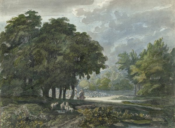 Main Product Photo of Herders met kudde in bosrijk landschap  Painting by Jacob Van Liender
