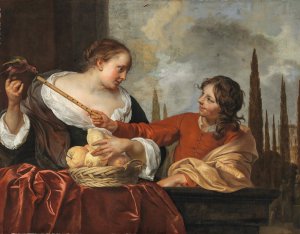 A lady with a parrot holding a basket of fruit and a young man with a flute by Jacob Van Loo Oil Painting