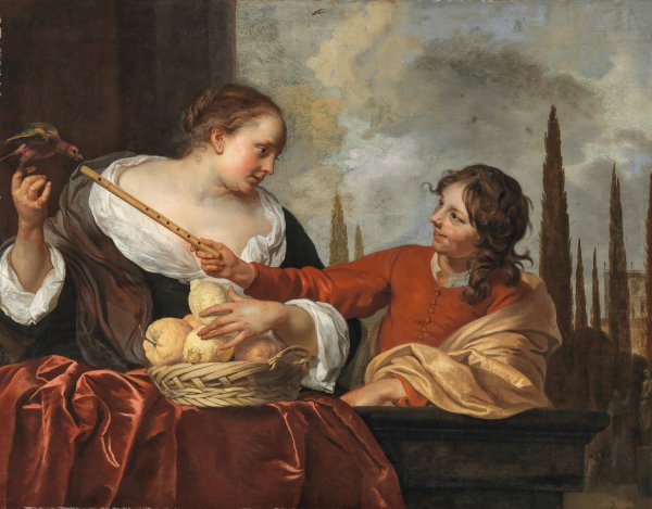 Main Product Photo of A lady with a parrot holding a basket of fruit and a young man with a flute Painting by Jacob Van Loo