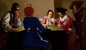An Interior With Soldiers Cheating At Cards Oil painting by Jacob Van Oost The Elder