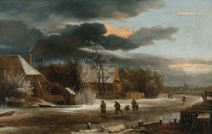 A winter landscape with a village and a frozen canal by Jacob Van Ruisdael Oil Painting