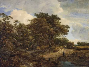 A wooded landscape with cottages and a figure and dogs on a dirt path by Jacob Van Ruisdael Oil Painting