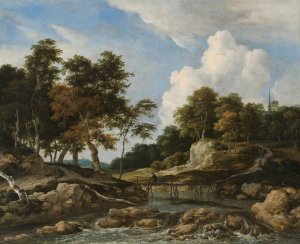 A Wooded River Landscape With A Bridge, A Church Beyond by Jacob Van Ruisdael Oil Painting