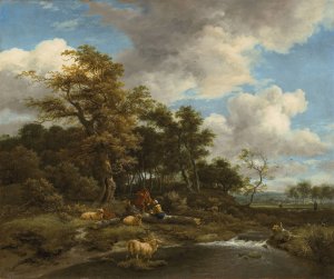A wooded river landscape with shepherds and their flock by Jacob Van Ruisdael Oil Painting