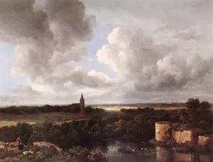 An Extensive Landscape with a Ruined Castle and a Village Church painting by Jacob Van Ruisdael