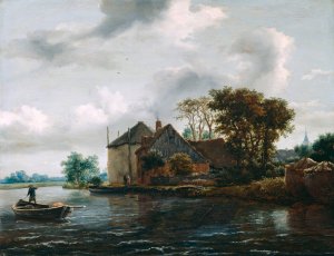 Farm and Hayrick on a River by Jacob Van Ruisdael Oil Painting