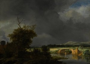 Landscape with a cottage and stone bridge under a cloudy sky by Jacob Van Ruisdael Oil Painting