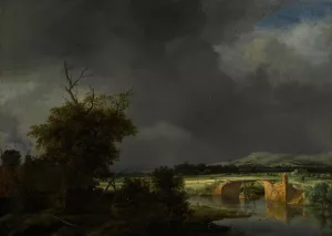Landscape with a cottage and stone bridge under a cloudy sky by Jacob Van Ruisdael Oil Painting
