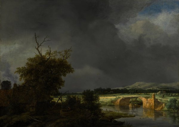 Main Product Photo of Landscape with a cottage and stone bridge under a cloudy sky Painting by Jacob Van Ruisdael