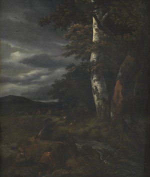 Landscape with a Hunting Scene by Jacob Van Ruisdael Oil Painting