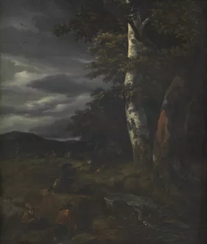 Landscape with a Hunting Scene by Jacob Van Ruisdael Oil Painting