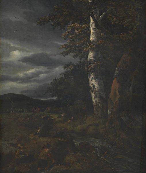Main Product Photo of Landscape with a Hunting Scene  Painting by Jacob Van Ruisdael