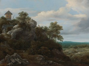 Landscape With Houses On A Rocky Hill With A View Of A Plain Beyond by Jacob Van Ruisdael Oil Painting