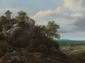 Landscape With Houses On A Rocky Hill With A View Of A Plain Beyond by Jacob Van Ruisdael Oil Painting
