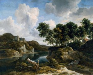 River Landscape with a Castle on a High Cliff by Jacob Van Ruisdael Oil Painting
