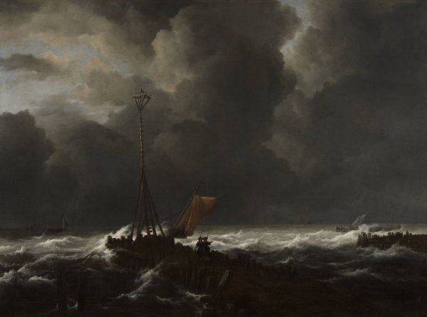 Main Product Photo of Rough Sea at a Jetty  Painting by Jacob Van Ruisdael